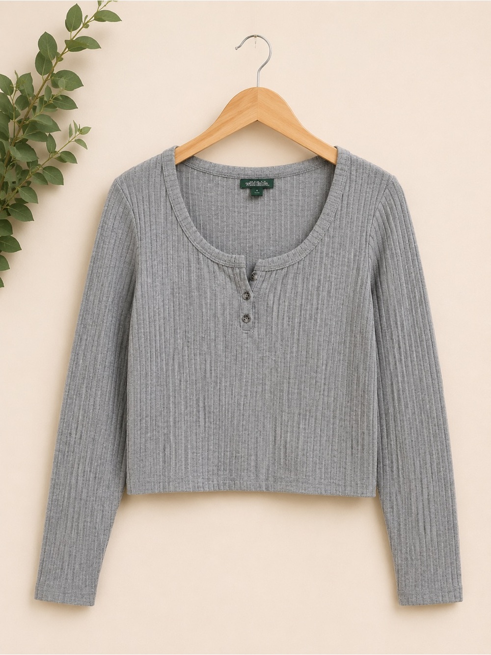 wild fable Light Gray Ribbed Long-Sleeve Henley Top